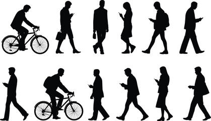 Walking people silhouette, man and woman using smartphone, cyclist commuting vector, business urban lifestyle, pedestrian city scene illustration, black figures