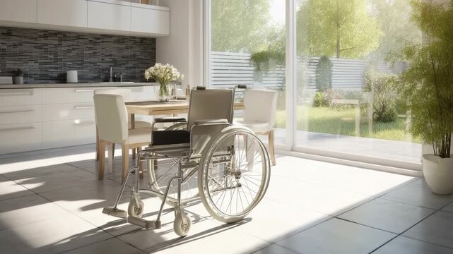 Wheelchair in Modern, Sunlit Home Interior with Garden View: Accessibility and Comfort