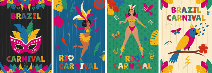Vibrant Rio carnival poster set with samba dancers, tropical bird, mask, playful doodle shapes. Modern vector illustration in hand drawn style