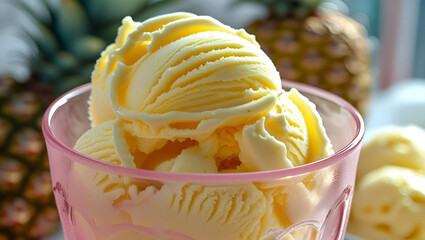 Yellow glass cup with creamy pineapple sorbet scoop for a tropical-inspired dessert flatlay scene