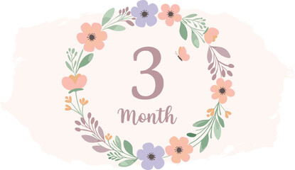 Vector Illustration of Floral Wreath with Butterfly and Number Three in Pastel Color Scheme Modern Design