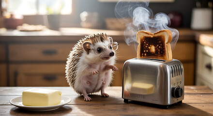 A hedgehog with glasses stands near a toaster, watching a slice of burnt toast while a plate of butter sits nearby on the table.