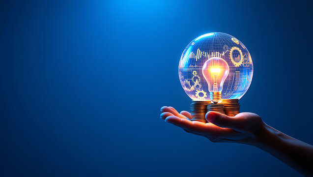 Glowing lightbulb on coins held in hand with financial data innovation idea