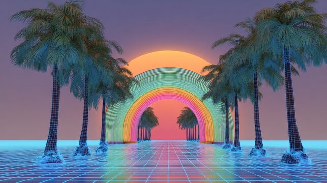 Vaporwave Sunset with Bright Neon Lights, Retro Grid Floor, and Silhouetted Palm Trees
