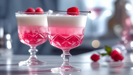 High-key lighting on pink and white drink served in a stylized casino glass for a fresh and bright look