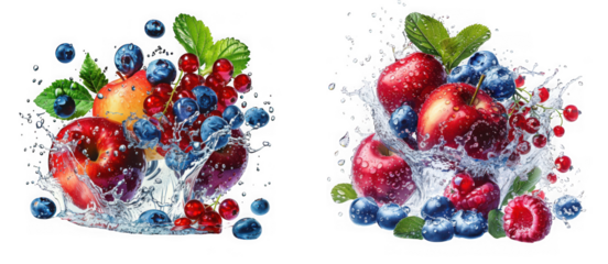 Fresh summer fruits with water splash including berries, apples and plums for a healthy lifestyle isolated on transparent background