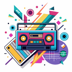 Retro cassette tape boombox with geometric shapes isolated on white background