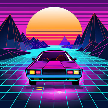 Retro 80s synthwave car driving through neon landscape isolated on white background