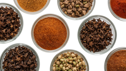 Assorted aromatic spices in glass bowls top view  cloves, cardamom, star anise, ground spices, culinary herbs on the transparent background