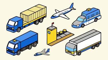 Isometric illustration of various transportation vehicles including trucks airplanes and a building with storage tanks against a plain background