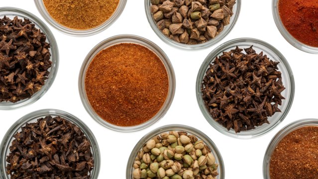 Assorted aromatic spices in glass bowls top view  cloves, cardamom, star anise, ground spices, culinary herbs on the transparent background
