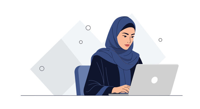 Professional Muslim woman in a hijab working on a laptop computer in a modern office setting - Powered by Adobe