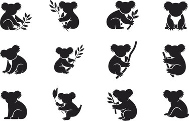 Silhouette collection of cute koala bears sitting, climbing, holding eucalyptus leaves in various poses, flat vector illustration