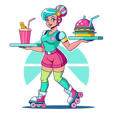 Retro roller skating waitress serving burger and drink isolated on white background