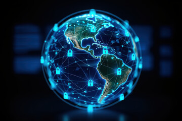 A glowing earth globe with blue lines and padlock icons representing cybersecurity and global network