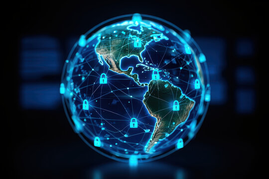 A glowing earth globe with blue lines and padlock icons representing cybersecurity and global network