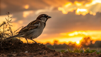 Sparrow at Sunrise: A solitary sparrow perched against the vibrant canvas of sunrise, as the dawn casts its golden glow, is a beautiful portrait of freedom.