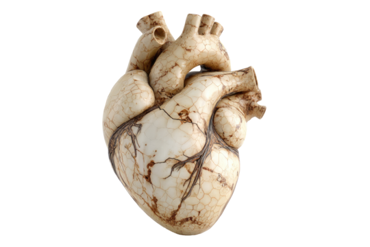 Detailed 3D model of a human heart, light beige with mottled brown, showing intricate chambers and vessels