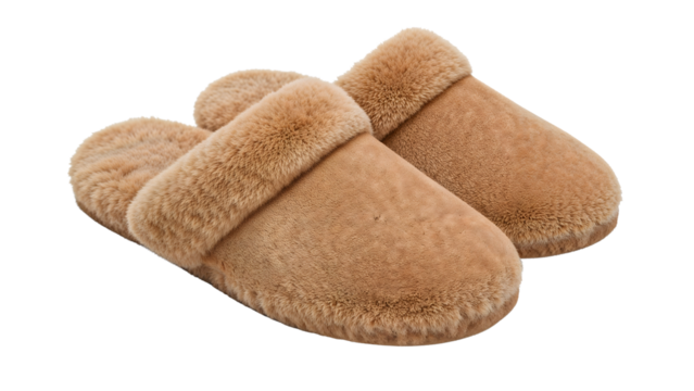 Soft brown fuzzy slippers for indoor comfort and warmth, cozy fluffy footwear with plush lining on the transparent background