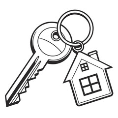 Illustration of a key with a houseshaped keychain isolated on white background