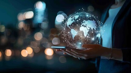 Fototapeta premium Digital marketing, global business concept. Businessman using digital tablet with global internet network connection technology and smart city,