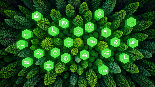 Green technology icons forest background trees nature - Powered by Adobe