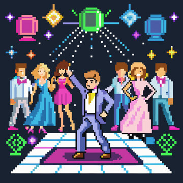 Pixel art disco party with dancing people and disco ball isolated on white background