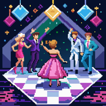 Pixel art disco party with people dancing isolated on white background