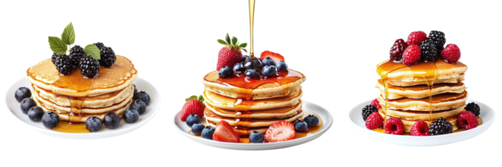 Set of various pancakes with berries and honey isolated on transparent background PNG