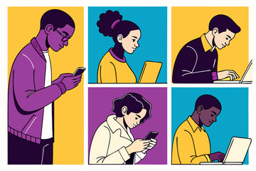 Diverse group of young people engaged with technology using smartphones and laptops in a modern colorful illustration style