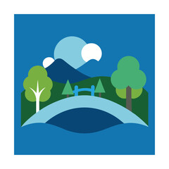 Fototapeta premium Bridge over calm river and forest landscape with harmony vector art illustration