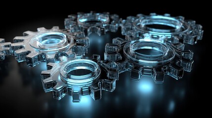Interlocking gears symbolize teamwork, industry. Blue light background. Concept