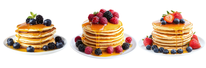 Set of various pancakes with berries and honey isolated on transparent background PNG