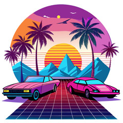 Retro synthwave sunset drive with palm trees and mountains isolated on white background