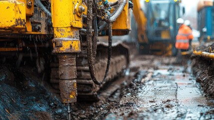 Horizontal directional drilling technology closeup. Drilling machine work process. Trenchless laying of communications, pipes and water pipes