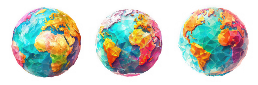Three watercolor globes of the world showing different continents on a transparent background