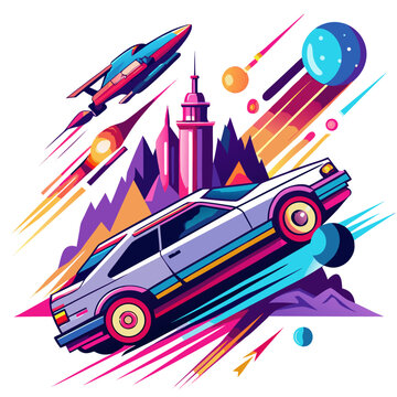 Retro futuristic car and rocket in vibrant cityscape isolated on white background