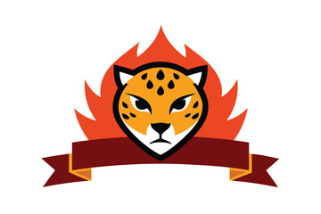 Cheetah head in flame shaped crest with fierce ribbon design vector art illustration