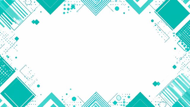 Turquoise geometric border on white background with squares, circles, lines, and triangles