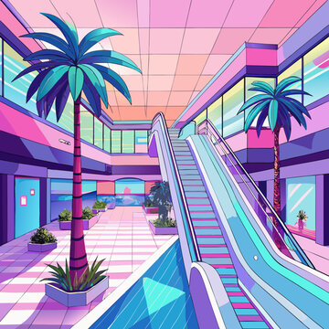 Retro futuristic shopping mall interior with palm trees and escalator isolated on white background