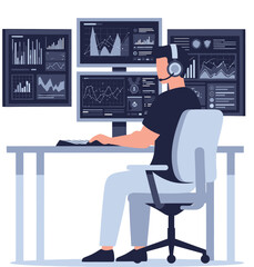 Person working at multiple computer monitors displaying financial data and charts.