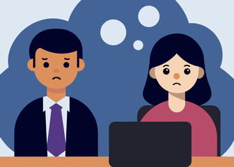 Fototapeta premium Two diverse colleagues looking sad and worried while working together at their desks with thought bubbles above their heads