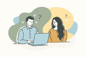 Two people looking at a laptop with question marks above their heads indicating confusion or uncertainty
