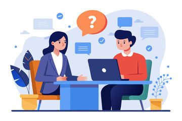 Two people in a business meeting discussing a question with a laptop and speech bubbles in a modern office setting