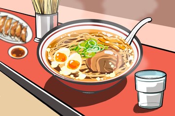 醤油ラーメンのイラスト　食事風景