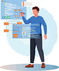 Fototapeta premium Programmer Interacting with Code and Flowchart on Digital Screens.
