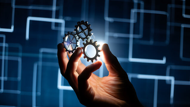 Hand holding interlocking gears with blue grid background technology - Powered by Adobe