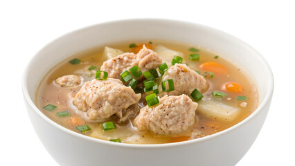 Homemade chicken dumpling soup with fresh vegetables and green onions in white bowl on the transparent background