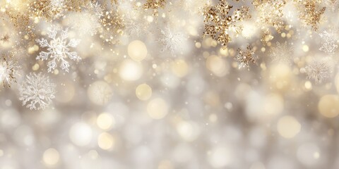 white Christmas background with delicate snowflakes and shimmering gold sequins, soft bokeh lights