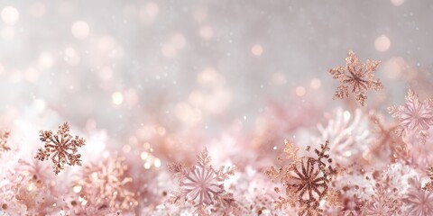 white Christmas background with pastel pink snowflakes and rose gold sequins, dreamy soft lights, romantic festive ambiance